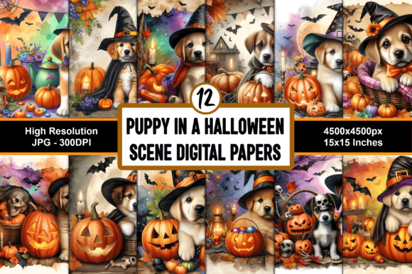 Download Puppy in a Halloween Scene Digital Paper - Puppy Collection